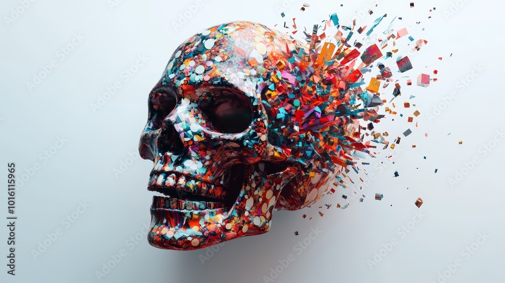 Colorful Skull Explosion Abstract 3D Render of Human Skull with Shattered Geometric Shap Colorful Skull Explosion Abstract 3D Render of Human Skull with Shattered Geometric Shap
