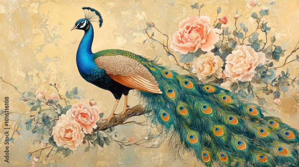 Fototapeta premium Peacock with flowers