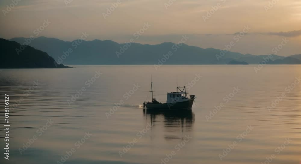 Fishing Boat Drifting on a Quiet Ocean Bay Fishing Boat Drifting on a Quiet Ocean Bay