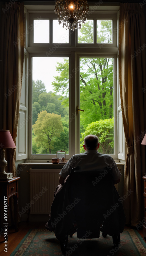 Elderly man in wheelchair gazing out window at green landscape. Elderly man in wheelchair gazing out window at green landscape.