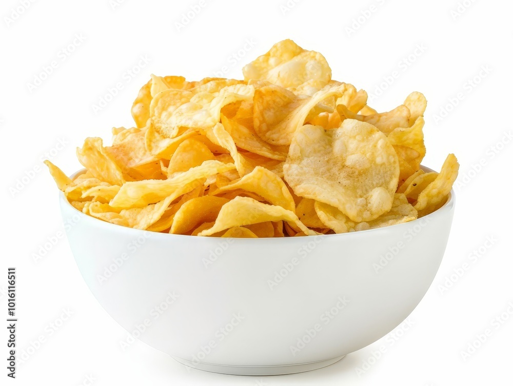 Crispy Potato Chips in a White Bowl Isolated On White Background Crispy Potato Chips in a White Bowl Isolated On White Background