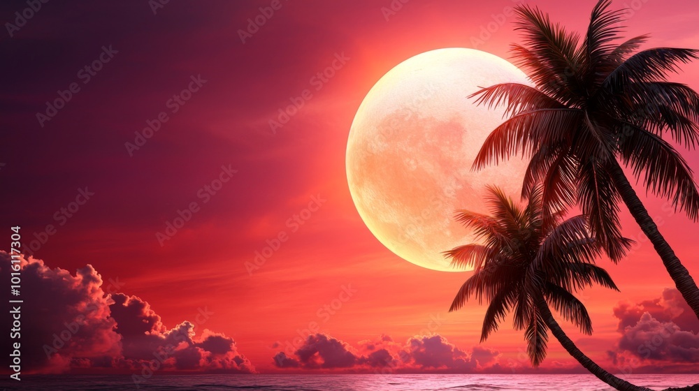 Naklejka premium Tropical Paradise at Dusk with Palm Trees and Moonlight