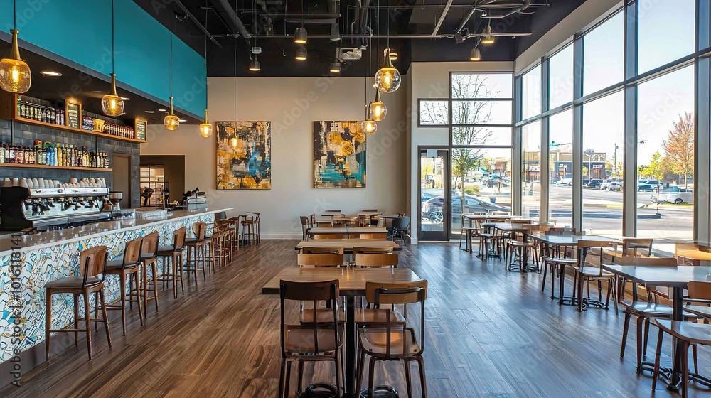 Fototapeta premium A bright, modern café with wooden tables, artistic decor, and large windows offering a view of the outside.