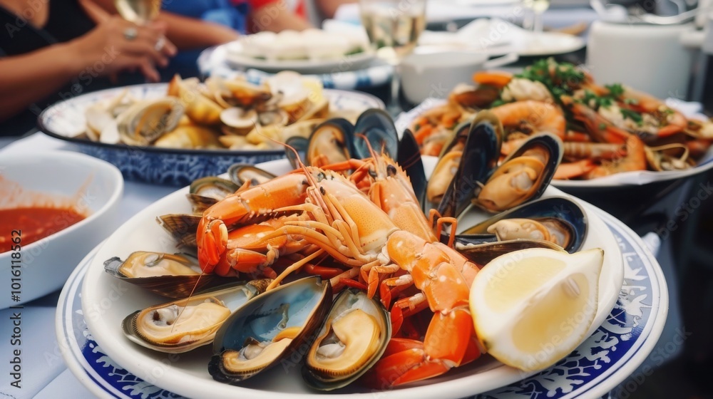 Gourmet seafood dish with a variety of shellfish, including shrimp and mussels, garnished with a lemon wedge.
Gourmet seafood dish with a variety of shellfish, including shrimp and mussels, garnished with a lemon wedge.
