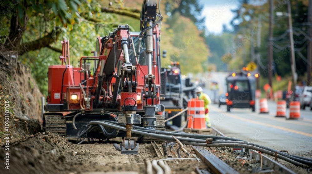 Red Construction Vehicle with Hydraulic Arm Digging a Trench Red Construction Vehicle with Hydraulic Arm Digging a Trench