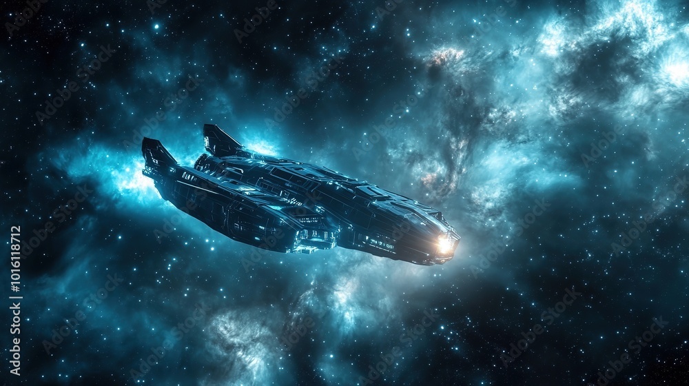 A futuristic spacecraft travels through vibrant cosmic clouds in a colorful galaxy filled with stars at night A futuristic spacecraft travels through vibrant cosmic clouds in a colorful galaxy filled with stars at night