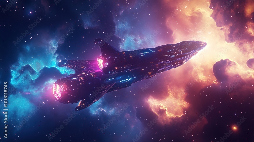 A futuristic spacecraft travels through vibrant cosmic clouds in a colorful galaxy filled with stars at night