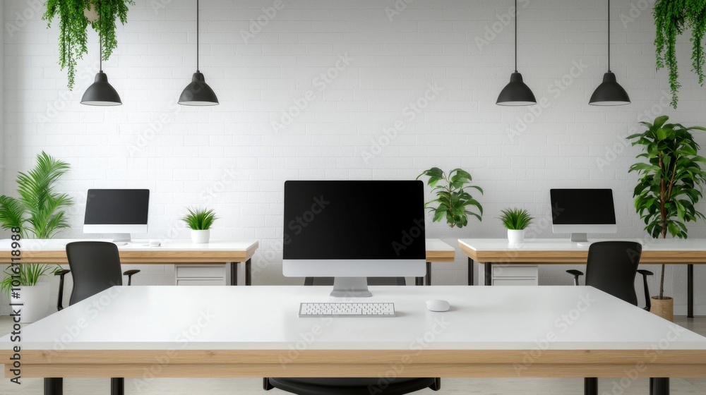 Modern Bright Office Space with Pendant Lights Modern Bright Office Space with Pendant Lights