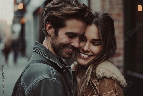 Beautiful young couple in love hugging and smiling while walking in the city