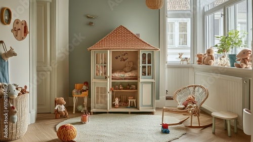 A charming dollhouse with tiny furniture, soft dolls, and playful decorations, placed in a corner of the playroom