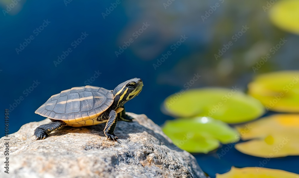 Obraz premium A baby turtle catching some sun on a rock, Generative AI