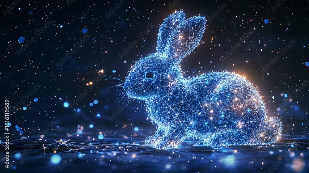 A rabbit created in a digital glowing wireframe design, showcasing the intersection of nature and technology in a modern artistic form. A rabbit created in a digital glowing wireframe design, showcasing the intersection of nature and technology in a modern artistic form.