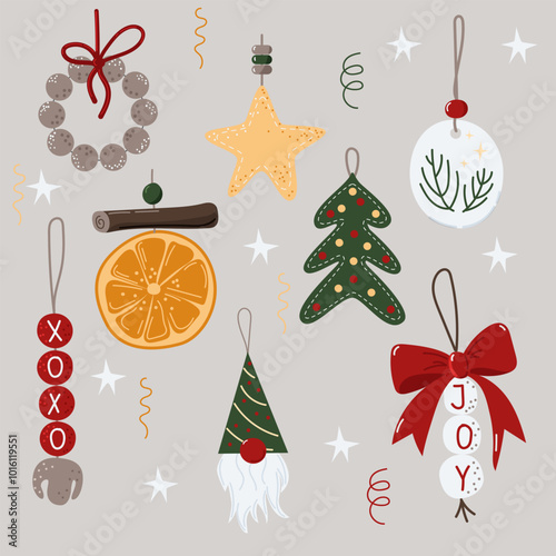 Vector Christmas DIY decorations set that includes felt stitched noel tree, star, gnome, dried orange, cinnamon, clay and wood decorations, beads and bells, ribbon bows.
