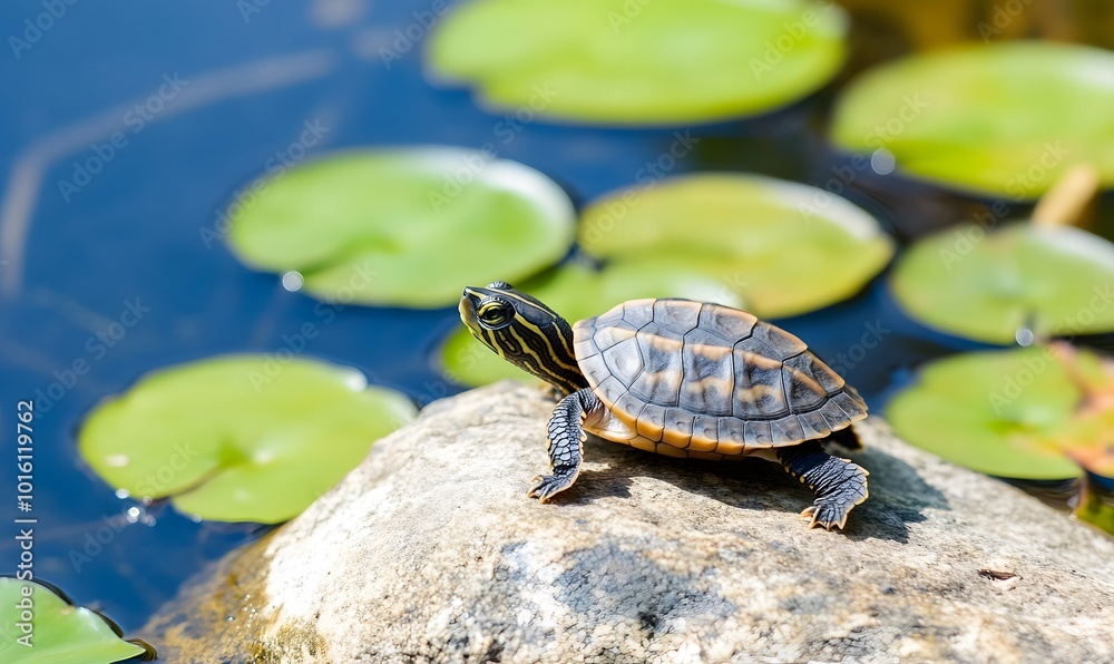 A baby turtle catching some sun on a rock, Generative AI