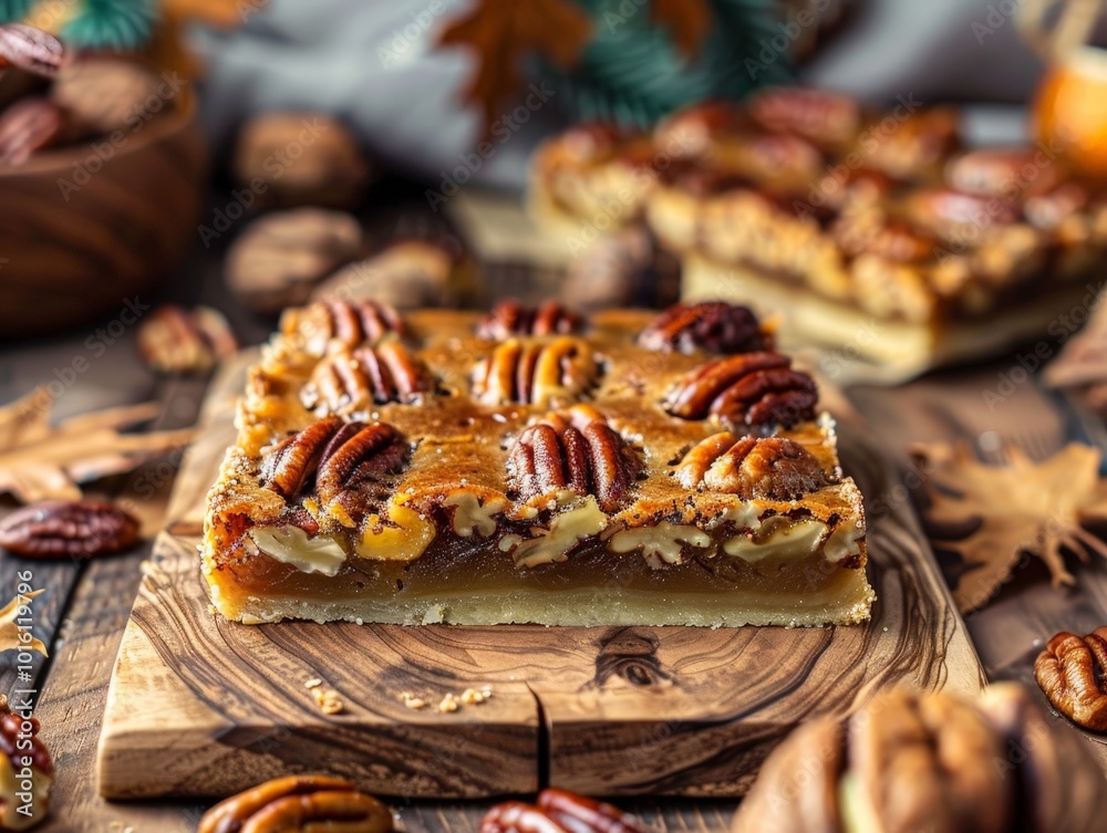 Pecan Pie Bars on Wooden Cutting Board Pecan Pie Bars on Wooden Cutting Board