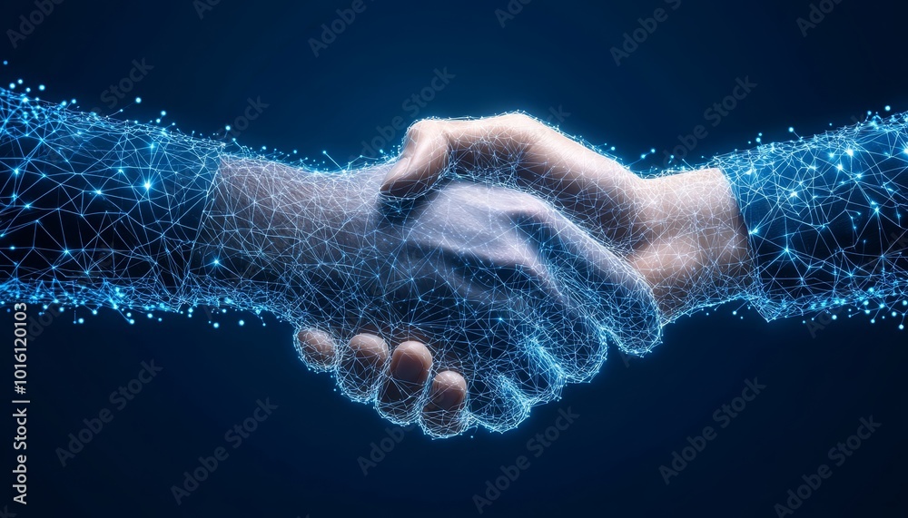 Digital handshake on blue background. Concept of partnership, technology, and business agreement. Digital handshake on blue background. Concept of partnership, technology, and business agreement.