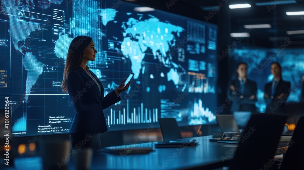 A businesswoman presenting international trade strategies to a team of executives, modern boardroom with digital charts and maps A businesswoman presenting international trade strategies to a team of executives, modern boardroom with digital charts and maps