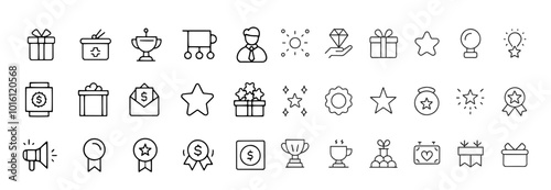 Exclusive benefit, prize, incentive, reward editable stroke outline icons set isolated on white background flat vector illustration