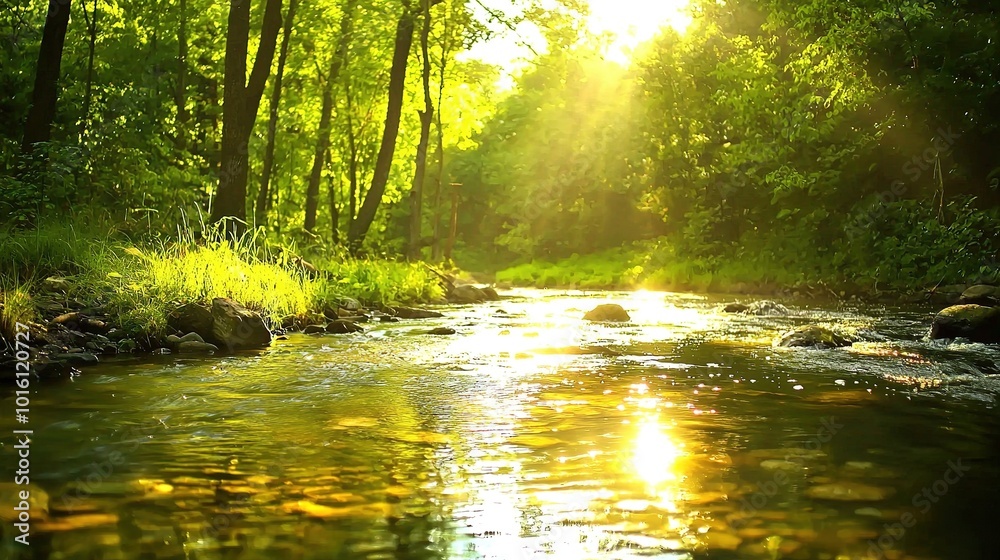 Fototapeta premium A serene river flows through a lush green forest, illuminated by warm sunlight filtering through the trees, creating a peaceful and tranquil atmosphere.