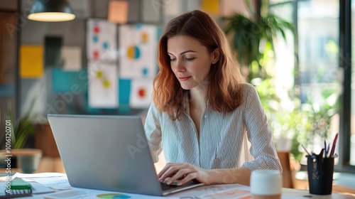 A businesswoman reviewing global marketing data on a laptop, preparing for a presentation, bright and modern office