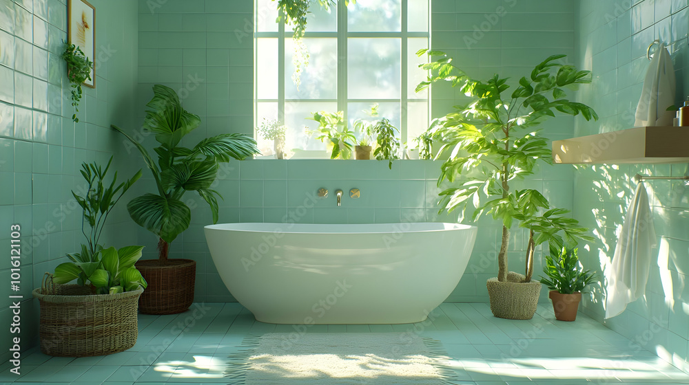 Green Tile Bathroom with Bathtub, Plants, and Window - 3D Illustration Green Tile Bathroom with Bathtub, Plants, and Window - 3D Illustration