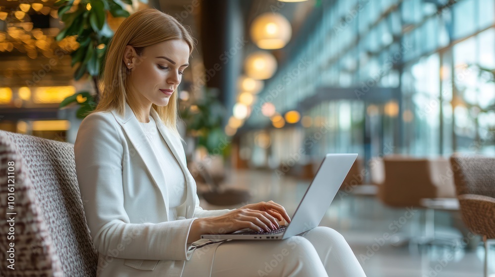 A businesswoman using a laptop in a modern airport lounge, preparing for a global business trip, sleek and professional setting A businesswoman using a laptop in a modern airport lounge, preparing for a global business trip, sleek and professional setting