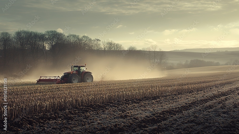 Fototapeta premium A tractor plows a vast field under a hazy sky, with trees in the background, showcasing the beauty of agricultural life.