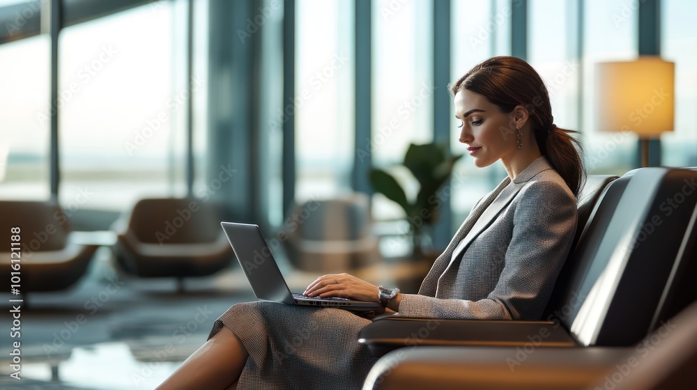 A businesswoman using a laptop in a modern airport lounge, preparing for a global business trip, sleek and professional setting A businesswoman using a laptop in a modern airport lounge, preparing for a global business trip, sleek and professional setting