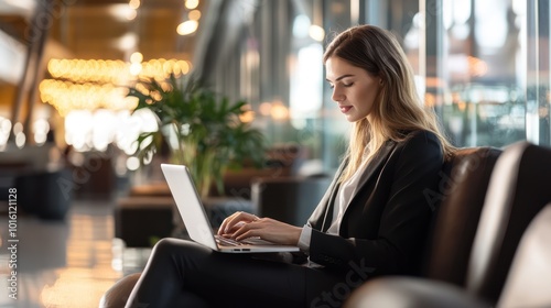 A businesswoman using a laptop in a modern airport lounge, preparing for a global business trip, sleek and professional setting