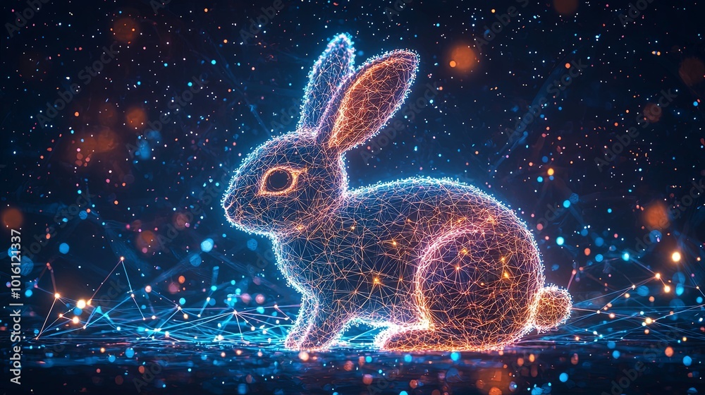 A magical glowing bunny crafted from digital particles in a cosmic setting, illustrating the intersection of fantasy, creativity, and technology in modern art. A magical glowing bunny crafted from digital particles in a cosmic setting, illustrating the intersection of fantasy, creativity, and technology in modern art.