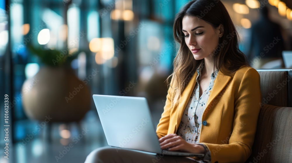 A businesswoman using a laptop in a modern airport lounge, preparing for a global business trip, sleek and professional setting A businesswoman using a laptop in a modern airport lounge, preparing for a global business trip, sleek and professional setting