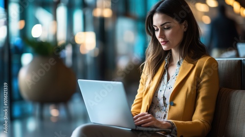 A businesswoman using a laptop in a modern airport lounge, preparing for a global business trip, sleek and professional setting