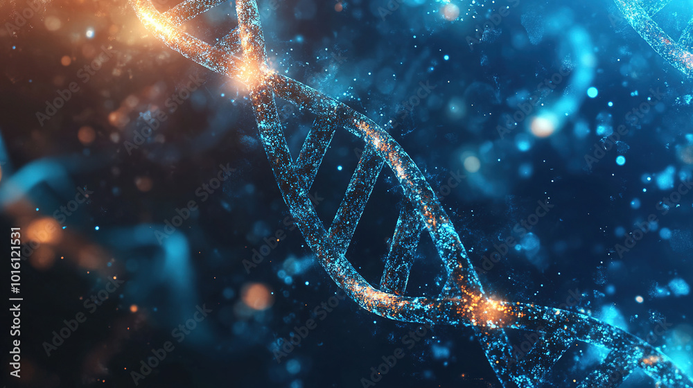 A microscopic view of a double helix DNA structure against a science background. Symbolizing genetics and biological research. DNA Abstract Background. Medical Science. DNA structure. DNA strands