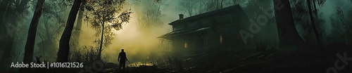 A mysterious figure stands in a foggy forest, illuminated by an eerie light shining on an abandoned house.