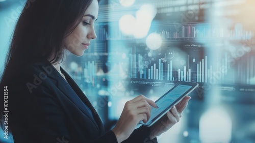 A businesswoman using a tablet to analyze global financial data, modern workspace with charts and graphs in the background