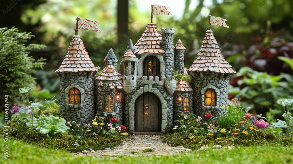 A miniature fairy-tale castle playhouse with turrets, flags, and tiny doors, surrounded by green grass and flowers A miniature fairy-tale castle playhouse with turrets, flags, and tiny doors, surrounded by green grass and flowers