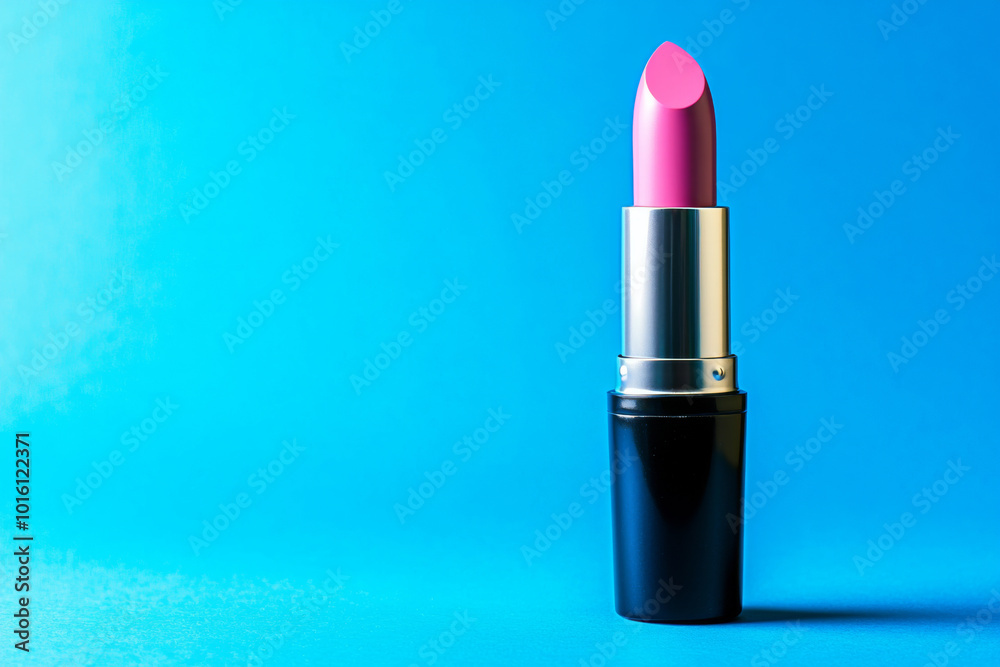 Obraz premium A bright pink lipstick stands upright against a vibrant blue background, emphasizing beauty and cosmetic appeal.