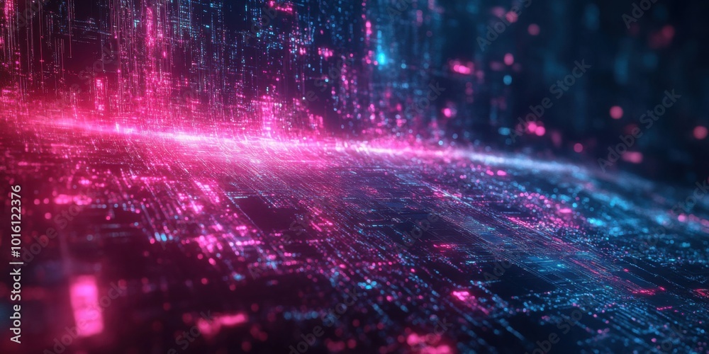 Obraz premium Exploring a Futuristic Technology Landscape with Neon Lights and Data Visualization