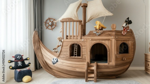 "A pirate ship-themed playhouse featuring a wooden boat structure, a mast with a sail, and a steering wheel for kids to captain their own ship."