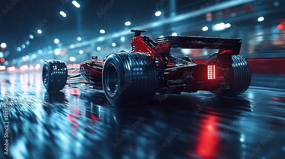 Naklejka premium A red and black formula one race car speeds down a wet city street under neon lights.