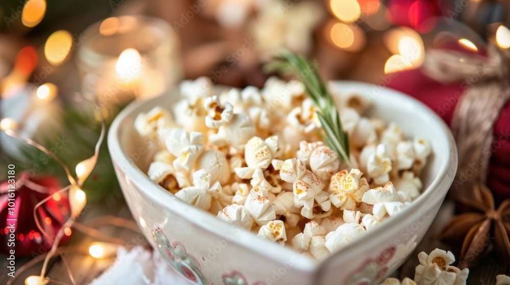 Festive Popcorn Bowl with Twinkling Lights and Greenery Festive Popcorn Bowl with Twinkling Lights and Greenery