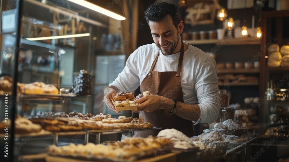 A cheerful bakery owner arranging pastries in a display case, small business atmosphere, warm lighting, inviting interior with rustic elements A cheerful bakery owner arranging pastries in a display case, small business atmosphere, warm lighting, inviting interior with rustic elements