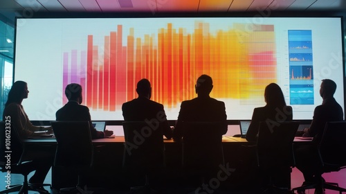 A corporate meeting with senior executives discussing quarterly earnings, financial reports on a large screen