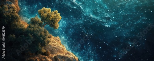 Aerial view of vibrant wildlife under a starlit sky, drones capturing nature from above, surreal combination of earth and space