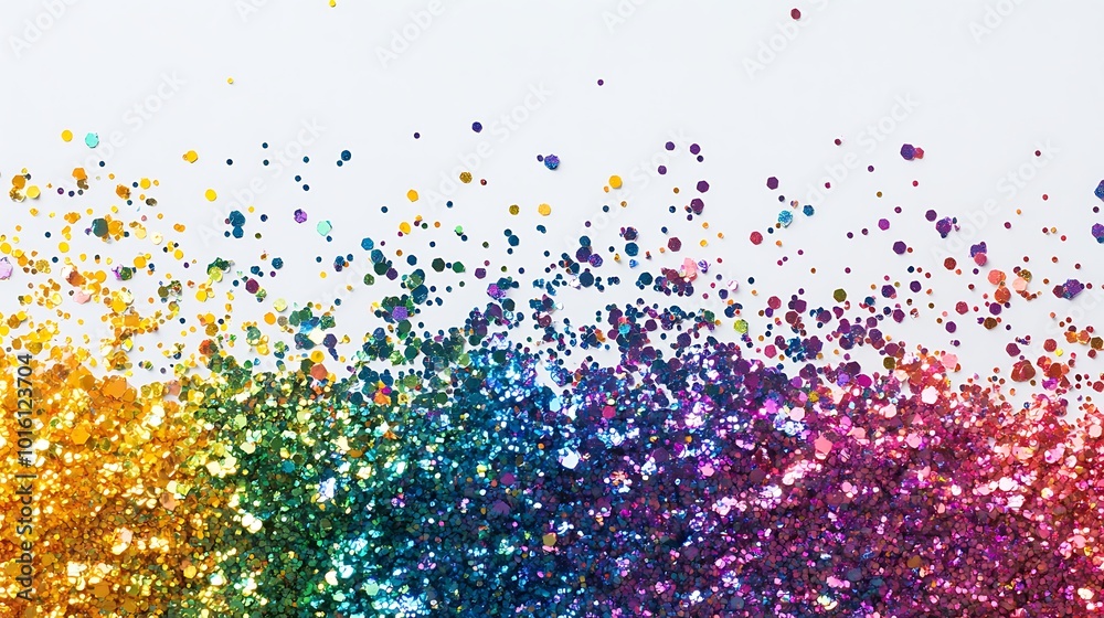 Fototapeta premium A rainbow of glitter sparkles on a white background.