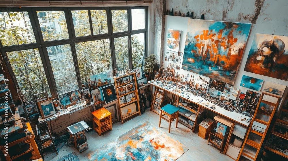Birds-eye view of a minimalist art room, vibrant colors of artistic movements, simplicity in chaos, artistic harmony throughout Birds-eye view of a minimalist art room, vibrant colors of artistic movements, simplicity in chaos, artistic harmony throughout