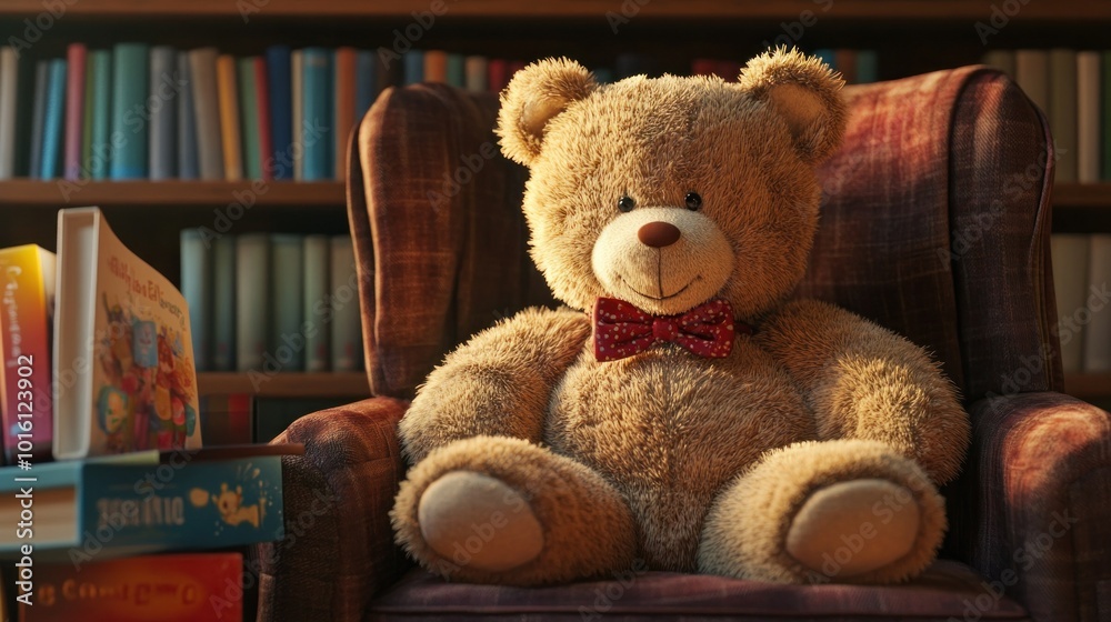 A soft teddy bear with a bow tie sitting in a cozy chair next to a stack of colorful storybooks A soft teddy bear with a bow tie sitting in a cozy chair next to a stack of colorful storybooks