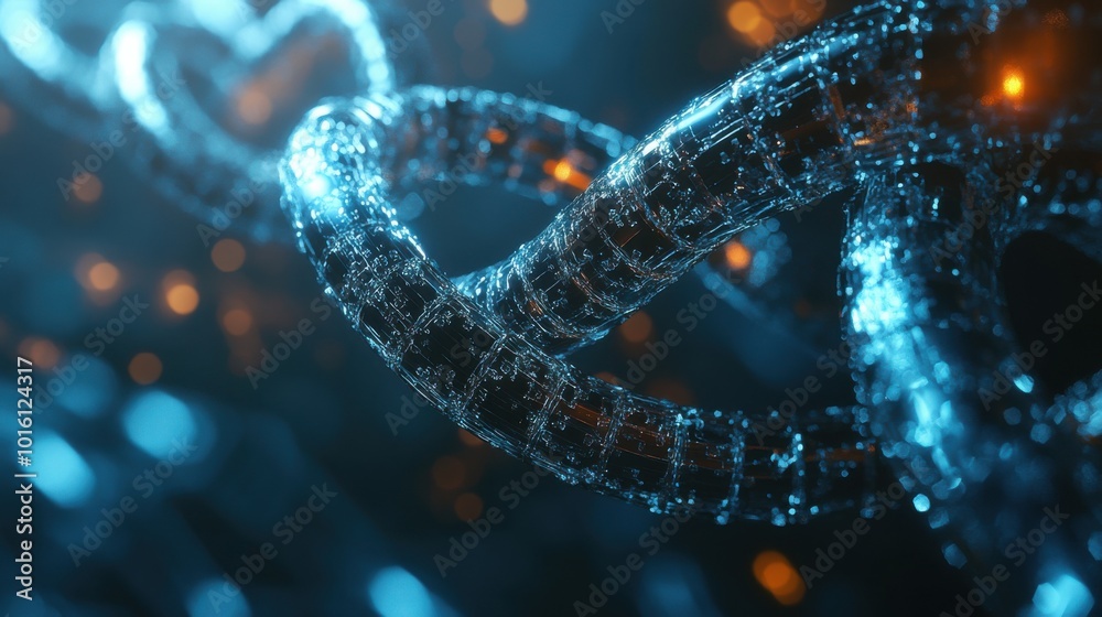 3D visualization of a blockchain concept integrated with DNA strands, symbolizing the use of biotechnology for innovative data storage and bioinformatics systems. 3D visualization of a blockchain concept integrated with DNA strands, symbolizing the use of biotechnology for innovative data storage and bioinformatics systems.