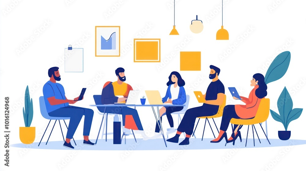 A diverse group of business professionals collaborating during a meeting, creative workspace with modern design elements A diverse group of business professionals collaborating during a meeting, creative workspace with modern design elements