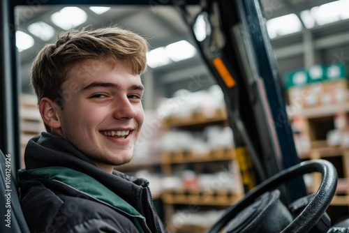 A young forklift driver with a genuine smile operates in a well-organized warehouse, conveying a sense of satisfaction and fulfillment in the workplace.